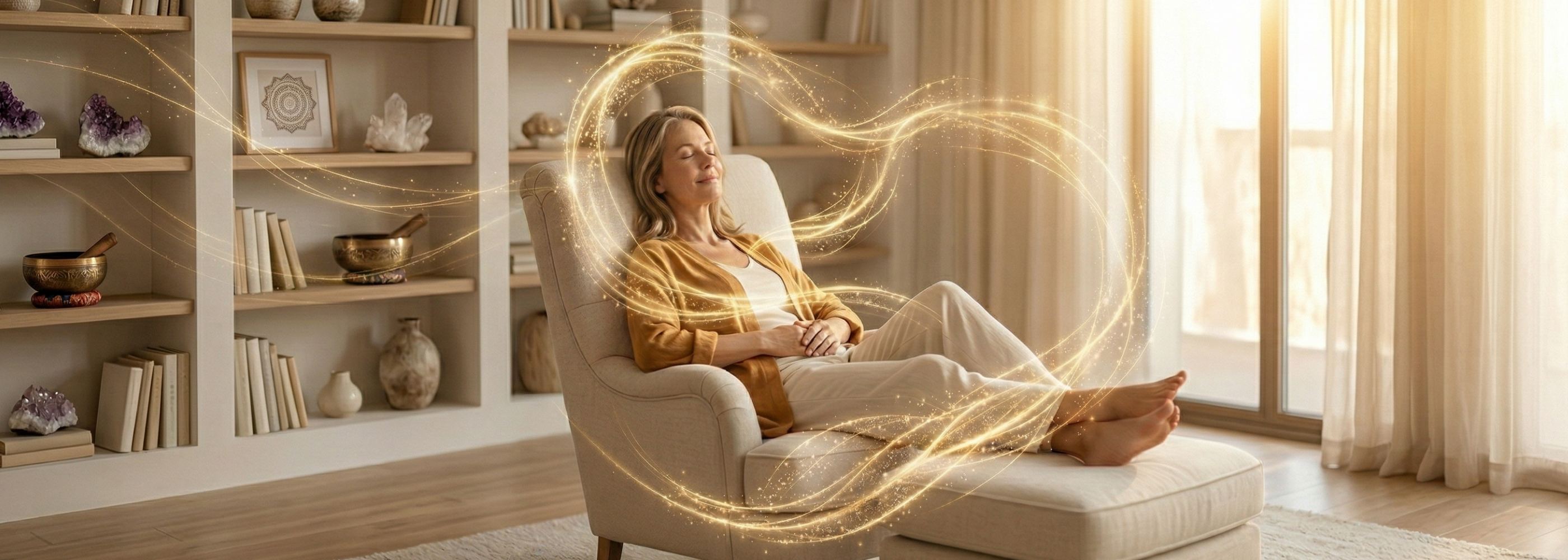 Frau im Fernsehsessel empfängt Reiki Fernbehandlung